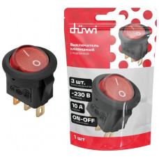 Клавишный круглый выключатель duwi MICRO красный с подсветкой 3 контакта, 250В, 3А, ВКЛ-ВЫКЛ тип 26849 9