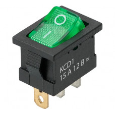 Выключатель клавишный TDM ELECTRIC KCD1-101N 12В AC/DC, 1P, 15А, (3с), ON-OFF, черный корпус, зеленая клавиша, LED подсветка, Mini TDМ SQ0746-0134